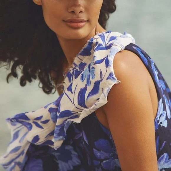 By Anthropologie Easy One-Shoulder Dress Cotton Gauze, Boho, Beach, Blue,M - Picture 6 of 11